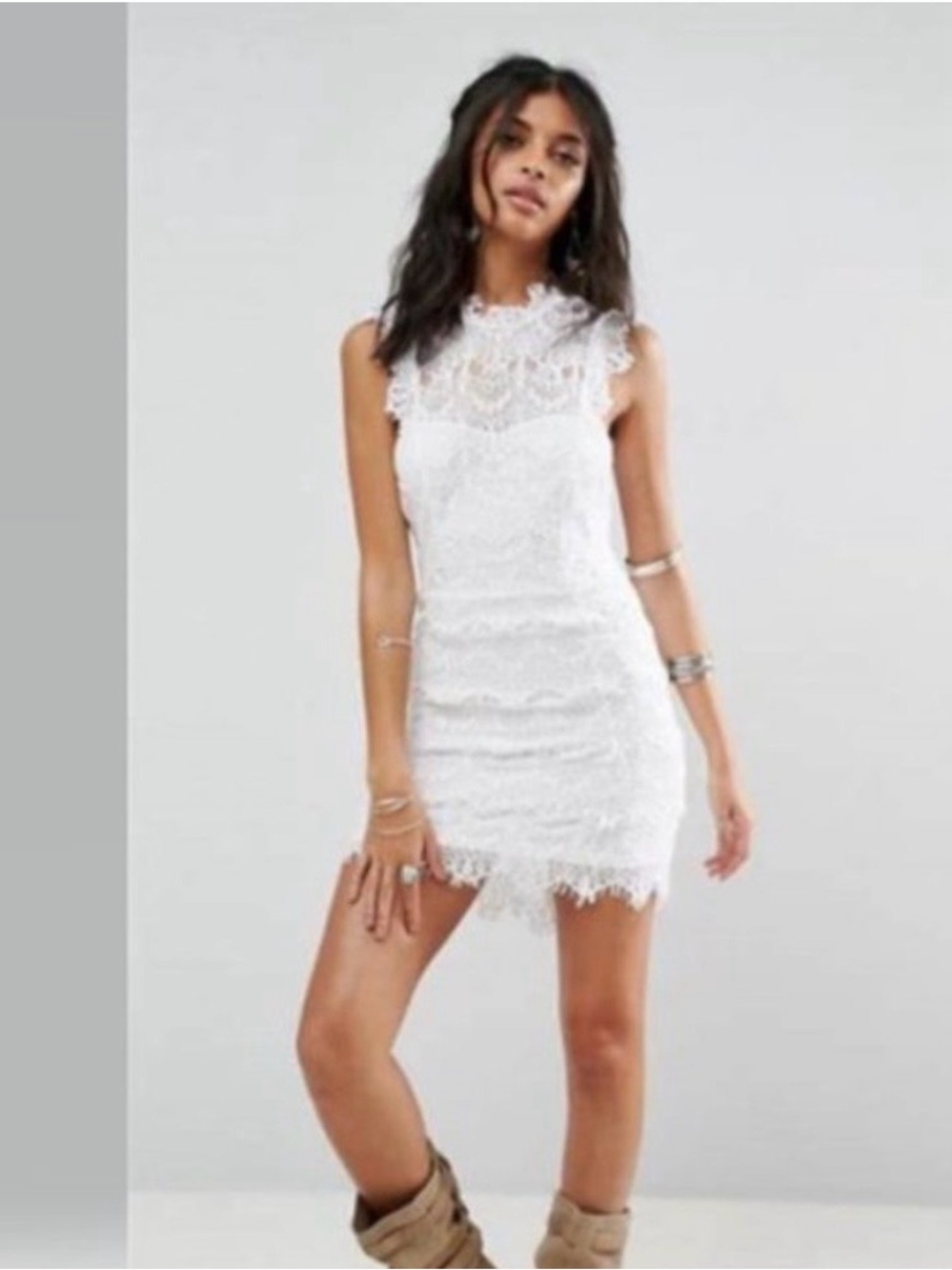 Intimately by Free People White Lace High-Neck Mini Dress- small